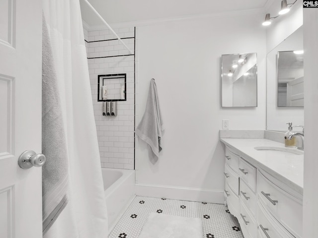 1513 Molly Creek Cir, Ridgeway, SC 29130 - bathroom featuring vanity, crown molding, baseboards, tile patterned flooring, and shower / bathtub combination with curtain