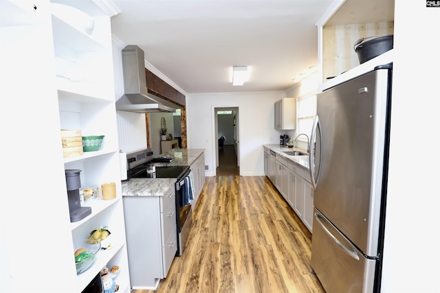 805 Mcrae Rd, Camden, SC 29020 - kitchen featuring appliances with stainless steel finishes, wall chimney range hood, open shelves, a sink, and crown molding