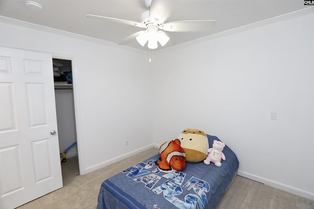 805 Mcrae Rd, Camden, SC 29020 - bedroom with carpet flooring, baseboards, crown molding, and a ceiling fan