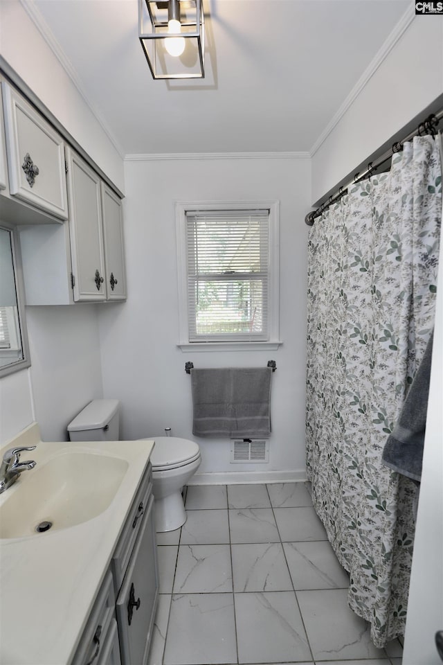 805 Mcrae Rd, Camden, SC 29020 - bathroom featuring marble finish flooring, toilet, ornamental molding, and vanity
