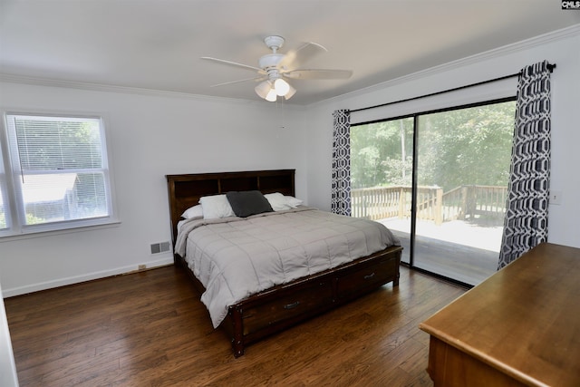 805 Mcrae Rd, Camden, SC 29020 - bedroom with access to outside, dark wood finished floors, crown molding, baseboards, and ceiling fan