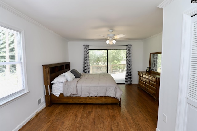 805 Mcrae Rd, Camden, SC 29020 - bedroom with dark wood-style flooring, multiple windows, crown molding, baseboards, and a ceiling fan