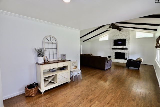 805 Mcrae Rd, Camden, SC 29020 - living room with ceiling fan, a fireplace, dark wood-style flooring, baseboards, and crown molding