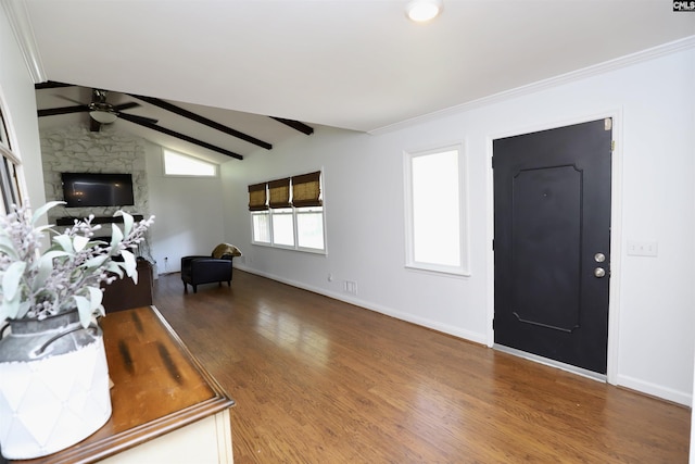 805 Mcrae Rd, Camden, SC 29020 - foyer featuring a ceiling fan, wood finished floors, baseboards, and a stone fireplace