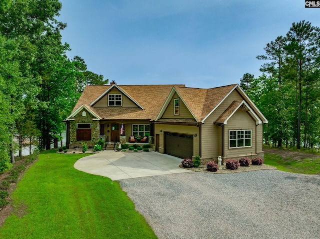1099 Retreat Way, Ridgeway, SC 29130 - craftsman house with driveway, covered porch, a garage, a front yard, and roof with shingles