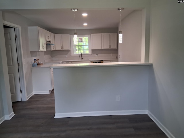 1904 Elise Rd, Columbia, SC 29210 - kitchen featuring a sink, under cabinet range hood, light countertops, white cabinetry, and dark wood finished floors