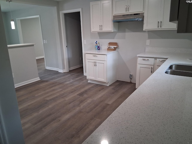 1904 Elise Rd, Columbia, SC 29210 - kitchen featuring under cabinet range hood, light stone counters, decorative light fixtures, dark wood-style flooring, and white cabinets