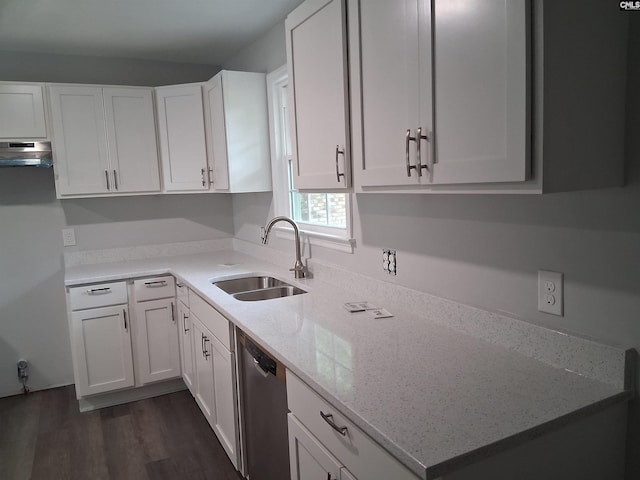 1904 Elise Rd, Columbia, SC 29210 - kitchen with a sink, stainless steel dishwasher, white cabinetry, and under cabinet range hood