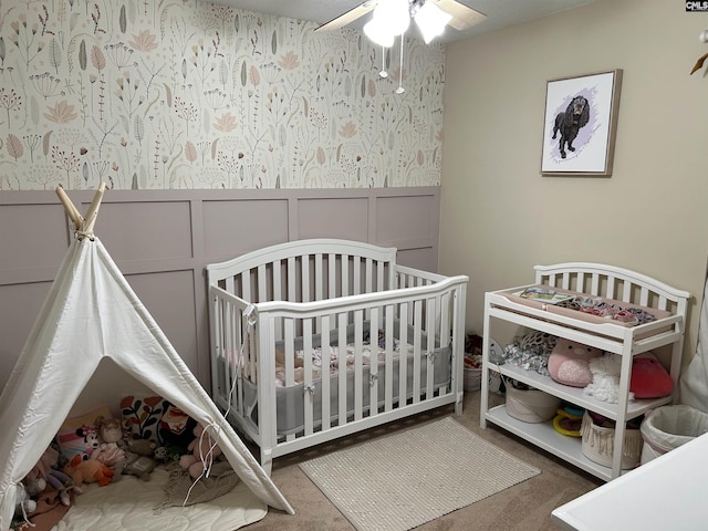 304 Cutter Ct, Chapin, SC 29036 - bedroom featuring a decorative wall, carpet, a nursery area, and ceiling fan