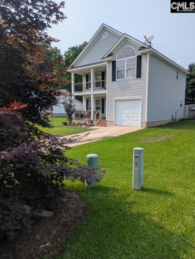 304 Cutter Ct, Chapin, SC 29036 - view of front of house featuring a balcony, an attached garage, concrete driveway, a front lawn, and a porch