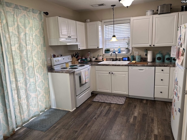 304 Cutter Ct, Chapin, SC 29036 - kitchen featuring white appliances, a sink, white cabinets, and dark wood finished floors
