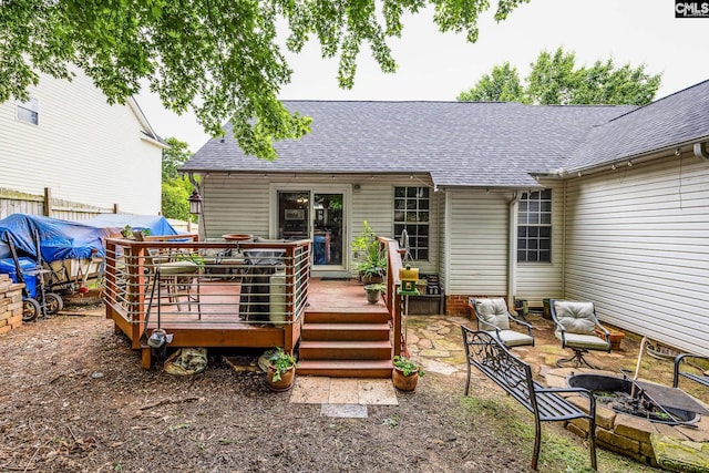 116 Beech Branch Dr, Irmo, SC 29063 - rear view of property featuring an outdoor fire pit, roof with shingles, and a wooden deck