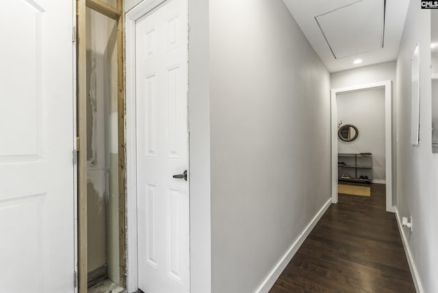 2033 Old Hilton Rd, Chapin, SC 29036 - hallway featuring attic access, dark wood-style floors, and baseboards