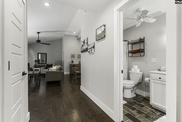 2033 Old Hilton Rd, Chapin, SC 29036 - hall featuring recessed lighting, baseboards, vaulted ceiling, and dark wood-style flooring