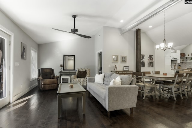 2033 Old Hilton Rd, Chapin, SC 29036 - living area featuring a chandelier, ceiling fan, dark wood finished floors, recessed lighting, and high vaulted ceiling