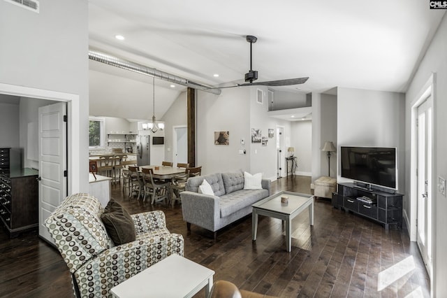 2033 Old Hilton Rd, Chapin, SC 29036 - living room featuring vaulted ceiling, ceiling fan, dark wood finished floors, a chandelier, and recessed lighting