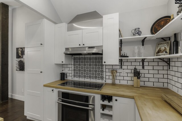 2033 Old Hilton Rd, Chapin, SC 29036 - kitchen featuring wooden counters, open shelves, oven, black electric cooktop, and lofted ceiling