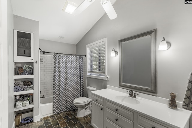 2033 Old Hilton Rd, Chapin, SC 29036 - full bathroom with vaulted ceiling, toilet, vanity, shower / bathtub combination with curtain, and stone finish flooring