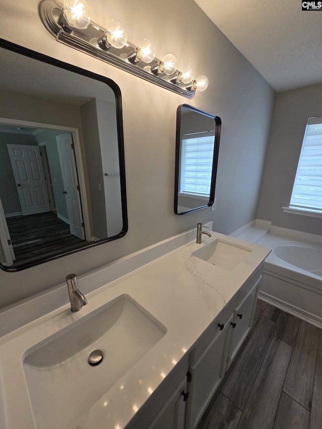 bathroom featuring wood finished floors, a bath, double vanity, and a textured ceiling