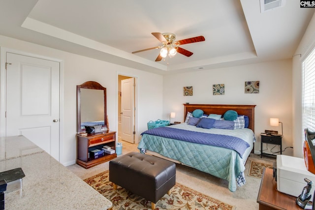 156 Honey Tree Rd, Columbia, SC 29209 - bedroom with a raised ceiling, a ceiling fan, and light colored carpet