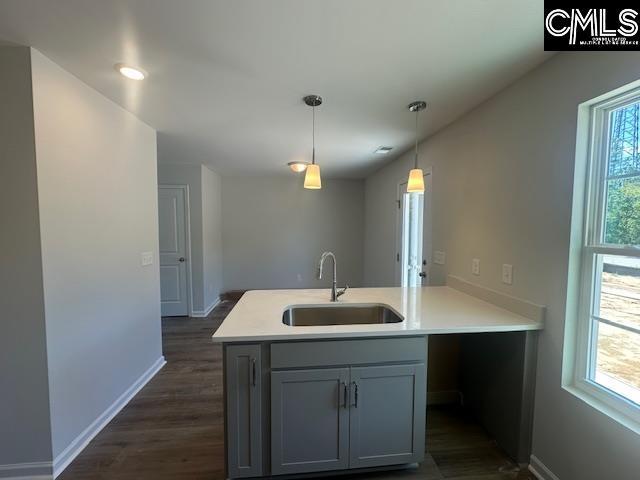 1023 Skyline Rd, Columbia, SC 29229 - kitchen featuring a sink, baseboards, dark wood-style floors, light countertops, and decorative light fixtures