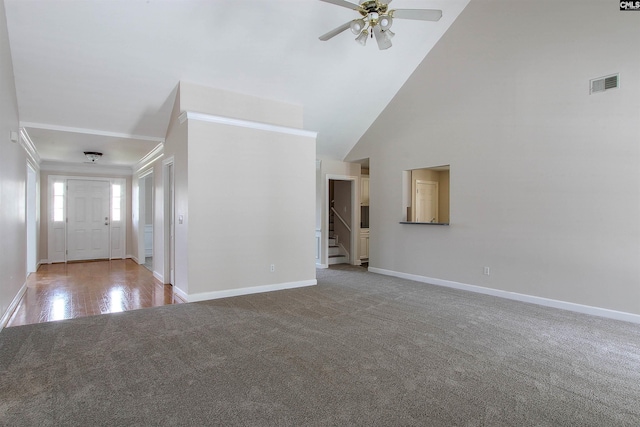 1 Duffie Ct, Columbia, SC 29229 - carpeted entryway featuring baseboards, a ceiling fan, stairs, high vaulted ceiling, and crown molding