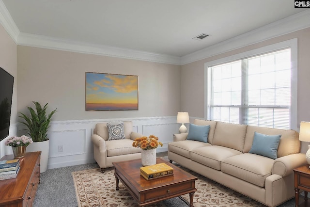 1 Duffie Ct, Columbia, SC 29229 - living room featuring crown molding, a wainscoted wall, and carpet floors