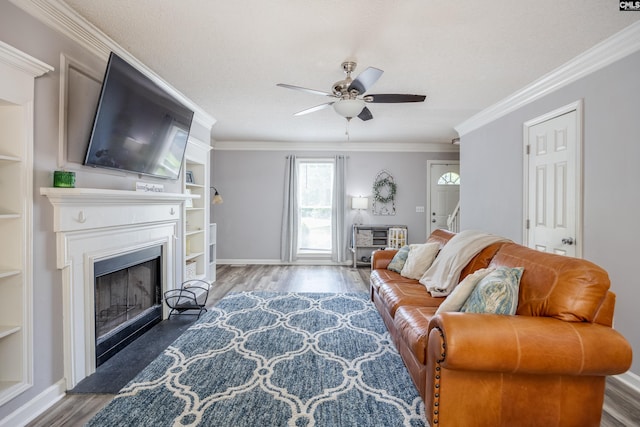 6 Hedgefield Ct, Irmo, SC 29063 - living area featuring a ceiling fan, wood finished floors, a fireplace, ornamental molding, and baseboards