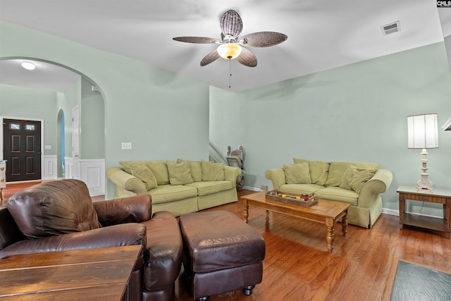306 Austree Dr, Columbia, SC 29229 - living room with arched walkways, a ceiling fan, and wood finished floors