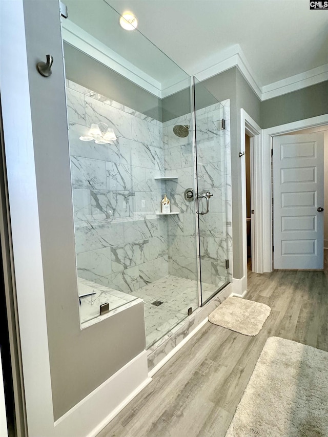 2215 High Bluff Loop, Lexington, SC 29072 - full bathroom featuring a marble finish shower, ornamental molding, and wood finished floors