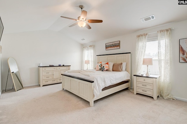 121 Bridgeport Rd, Elgin, SC 29045 - bedroom with light colored carpet, vaulted ceiling, ceiling fan, and baseboards