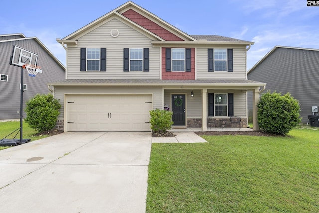 150 Ventnor Ave, Chapin, SC 29036 - view of front of property featuring stone siding, a porch, a front lawn, an attached garage, and driveway