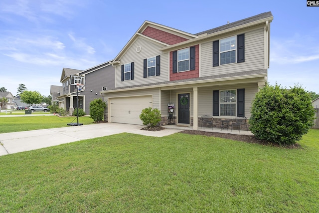 150 Ventnor Ave, Chapin, SC 29036 - craftsman-style house featuring driveway, an attached garage, a porch, a front lawn, and stone siding