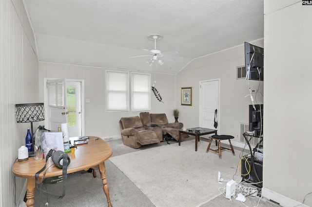 3334 Spring Dr, West Columbia, SC 29170 - carpeted living area with lofted ceiling, ceiling fan, and baseboards