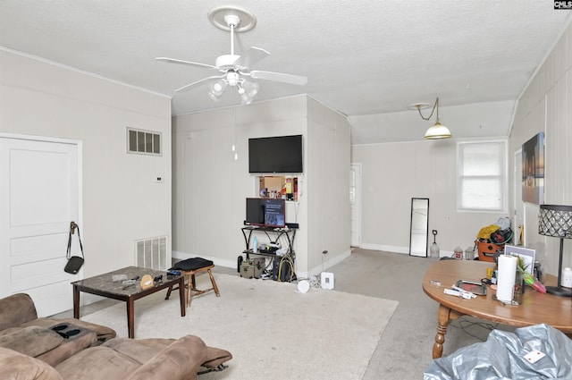 3334 Spring Dr, West Columbia, SC 29170 - carpeted living room with a ceiling fan and a textured ceiling