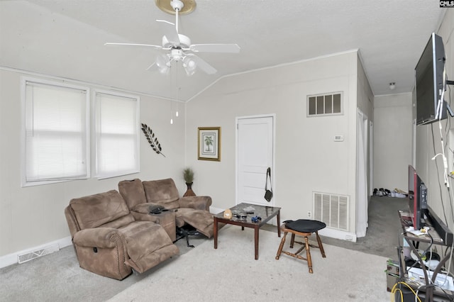 3334 Spring Dr, West Columbia, SC 29170 - carpeted living room with a ceiling fan, baseboards, and vaulted ceiling