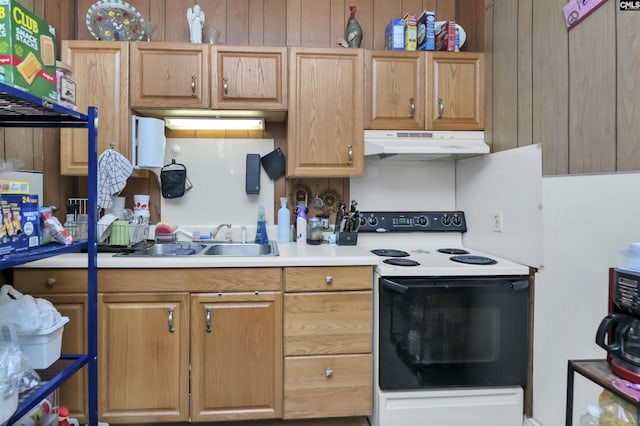 3334 Spring Dr, West Columbia, SC 29170 - kitchen with electric stove, under cabinet range hood, a sink, and light countertops