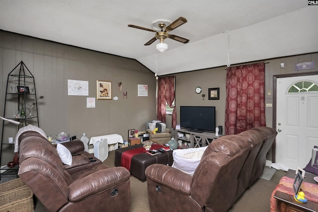 3334 Spring Dr, West Columbia, SC 29170 - carpeted living area with ceiling fan and lofted ceiling