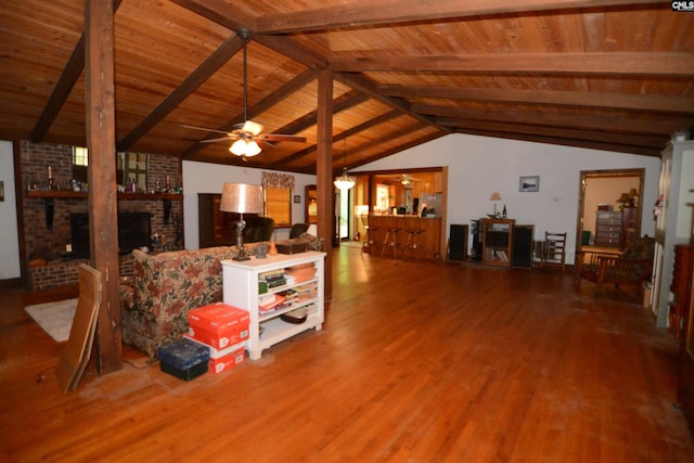 141 Frost Rd, Camden, SC 29020 - living room with a brick fireplace, wood ceiling, wood finished floors, and ceiling fan