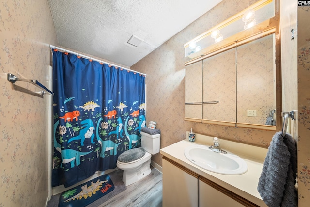1211 Metze Rd Unit E6, Columbia, SC 29210 - bathroom with wood finished floors, vanity, toilet, a textured ceiling, and a shower with shower curtain