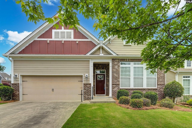 1 Downing Cir, Gilbert, SC 29054 - view of front of property with brick siding, a front lawn, driveway, an attached garage, and board and batten siding