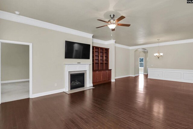 1 Downing Cir, Gilbert, SC 29054 - unfurnished living room with ceiling fan, arched walkways, a fireplace with flush hearth, crown molding, and a chandelier