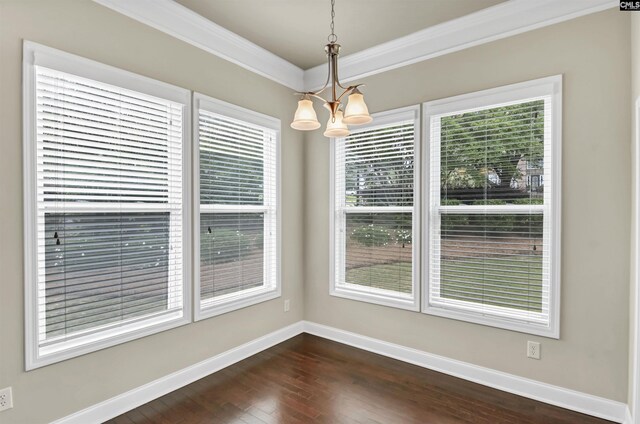 1 Downing Cir, Gilbert, SC 29054 - unfurnished dining area featuring a chandelier, ornamental molding, healthy amount of natural light, dark wood-type flooring, and baseboards
