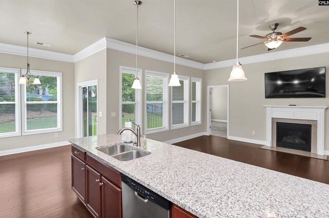 1 Downing Cir, Gilbert, SC 29054 - kitchen featuring a sink, stainless steel dishwasher, open floor plan, dark wood-type flooring, and crown molding
