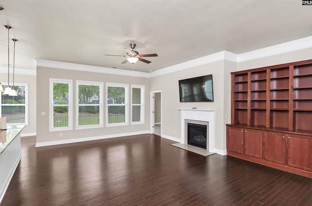 1 Downing Cir, Gilbert, SC 29054 - unfurnished living room featuring ceiling fan, a premium fireplace, crown molding, dark wood finished floors, and baseboards