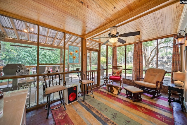 3100 Grace Hill Rd, Columbia, SC 29204 - sunroom featuring ceiling fan, wood ceiling with exposed beams, and wood-type flooring