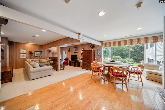 3100 Grace Hill Rd, Columbia, SC 29204 - dining room featuring wooden walls, light wood finished floors, recessed lighting, and beam ceiling