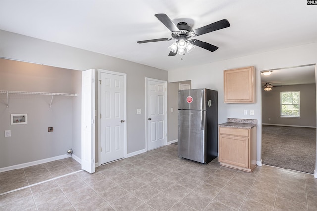 513 Scarlet Sage Ln, Columbia, SC 29223 - kitchen featuring freestanding refrigerator, light brown cabinetry, ceiling fan, and baseboards
