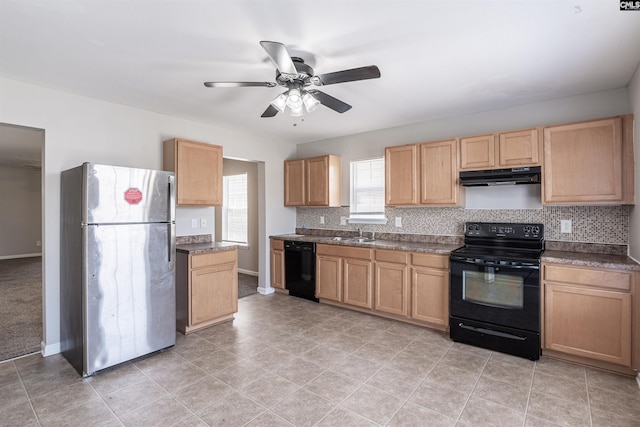 513 Scarlet Sage Ln, Columbia, SC 29223 - kitchen featuring black appliances, under cabinet range hood, light brown cabinets, decorative backsplash, and a ceiling fan