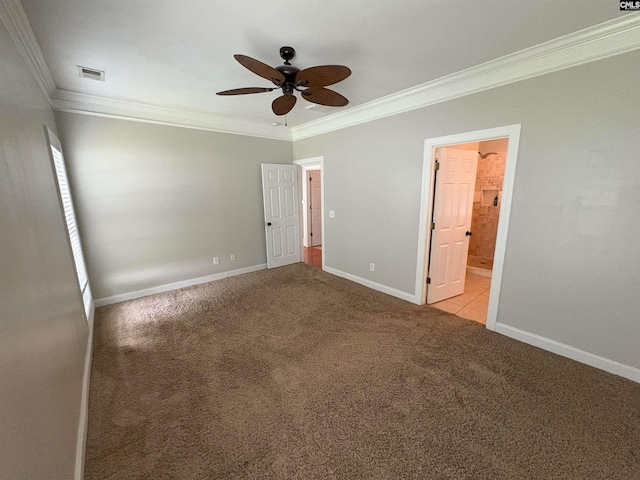 26 Peyton Rd, Columbia, SC 29209 - unfurnished bedroom featuring ornamental molding, carpet flooring, baseboards, ensuite bath, and ceiling fan